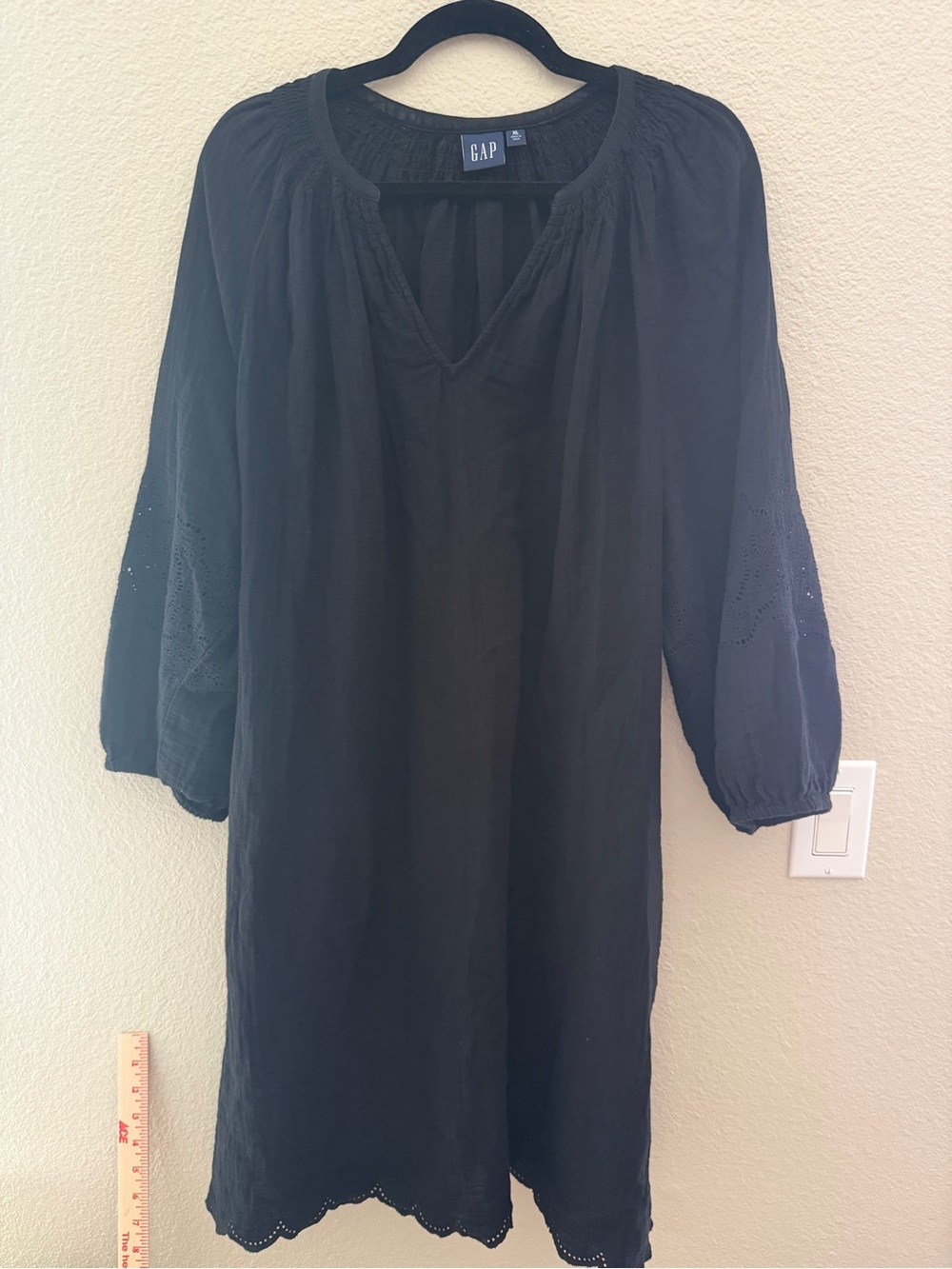 GAP Black Eyelet-Trim Peasant Dress Embroidered Gauze 100% Cotton Size XL
